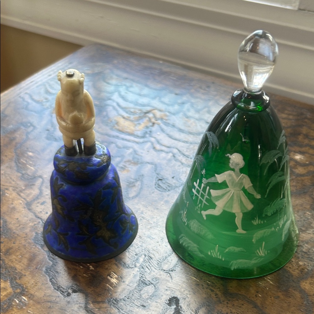 Green Etched Glass Bell and Blue Decorative Bell Set